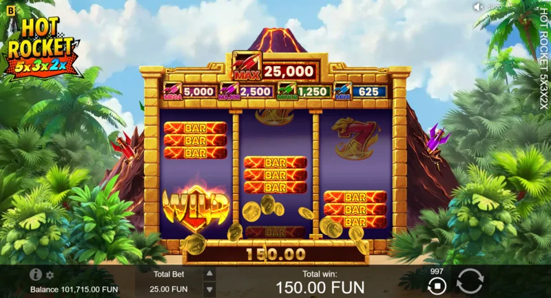 Hot Rocket 5x 3x 2x - câștig cu Wild triplu pe prima linie de plată